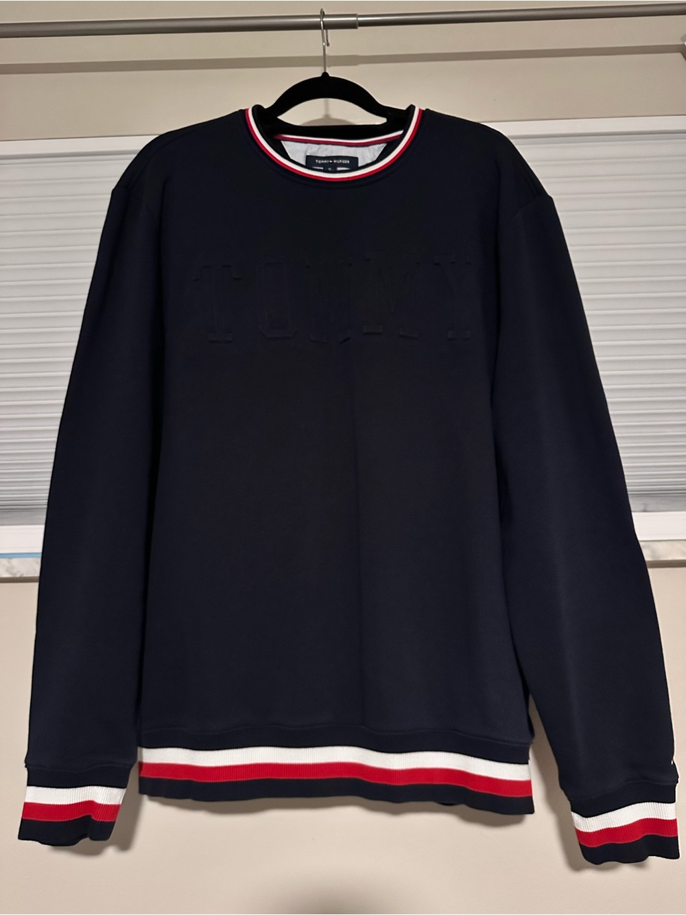 Mens Tommy Hilfiger Navy Crewneck Sweater with Stripe Trim